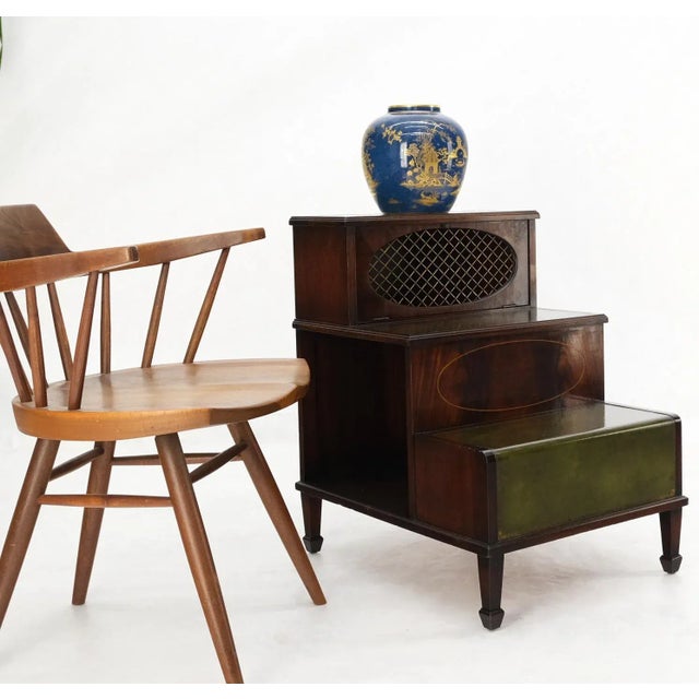 English Green Leather & Mahogany Step Side End Table Stand Cabinet Bookcase For Sale - Image 9 of 13