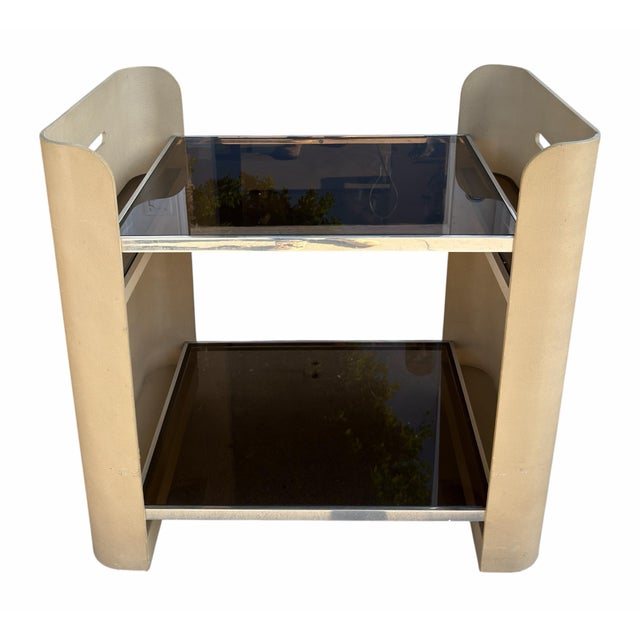 1980s Karl Springer Style Lizard Skin Leather Class Cocktail Bar Cart For Sale - Image 11 of 11