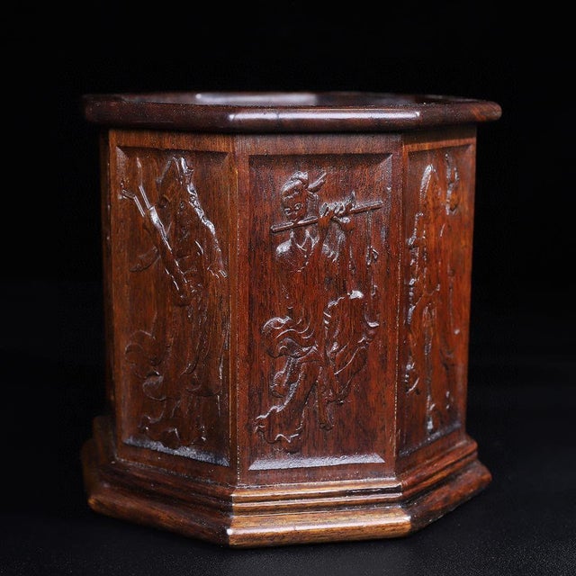 Wood Vintage Chinese Huali Rosewood Brush Pot | Octagonal Carved Eight Immortals Motif For Sale - Image 7 of 10