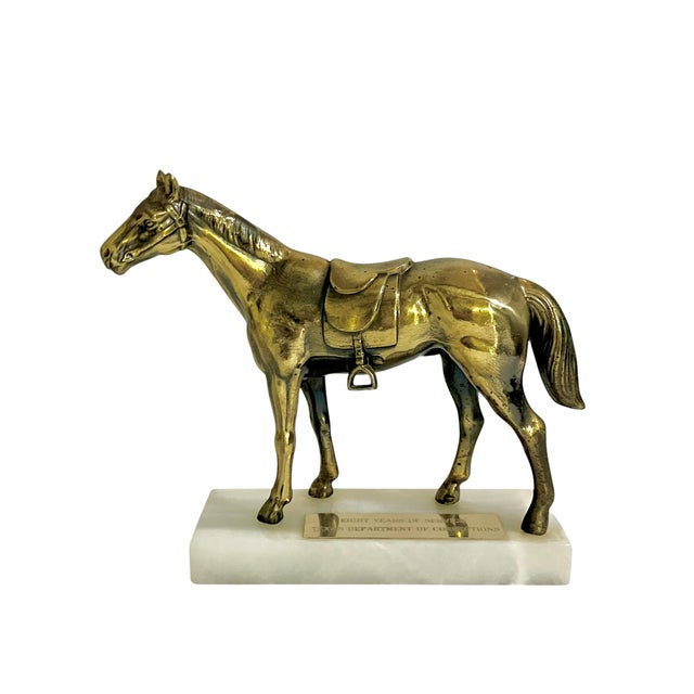 Cabin Vintage Brass Equestrian Horse Bookends on White Marble Bases – Pair of Western Style Horse Sculptures For Sale - Image 3 of 14
