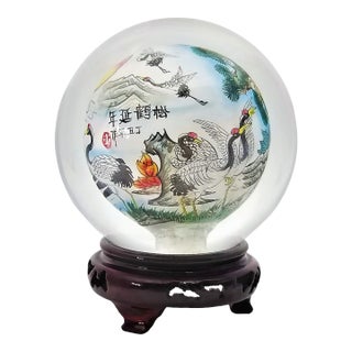 Vintage Chinese Reverse Painted Glass Crystal Ball & Stand For Sale
