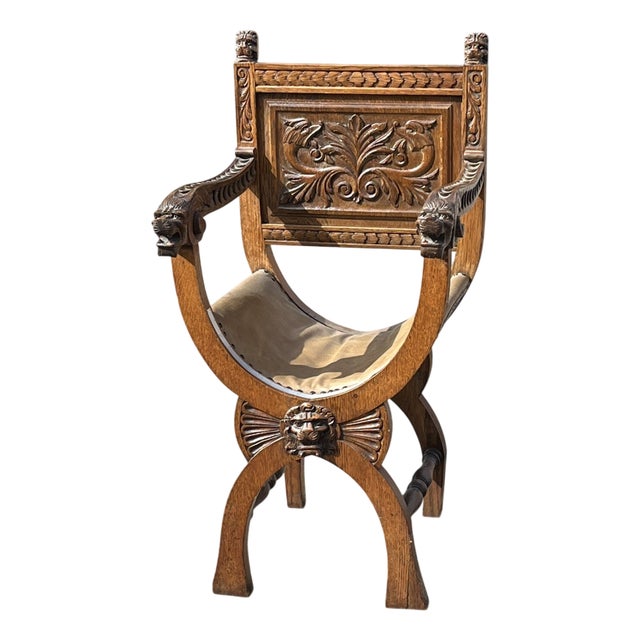 Edwardian Oak Chair with Carved Lion Heads For Sale