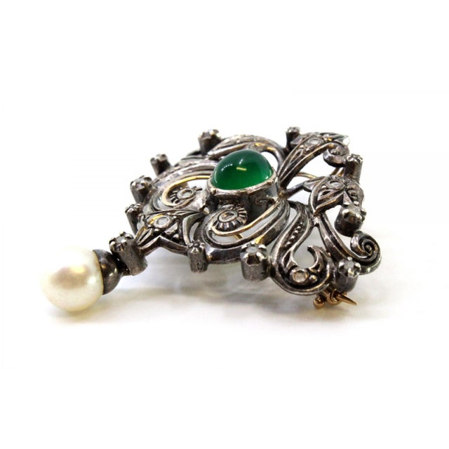 Gold and Silver Brooch with Diamond Chips, Faux Pearl and Central Synthetic Cabochon For Sale - Image 4 of 9