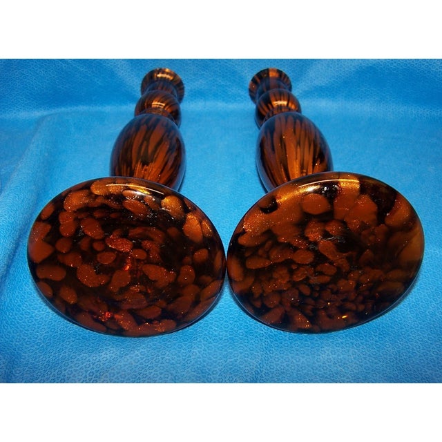 Enhance your décor with this elegant pair of Vintage Mid-Century Modern Murano-Style Art Glass Bud Vases. Standing...