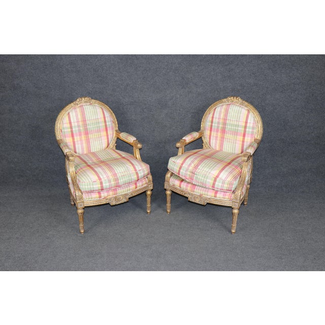 1960s Pair of Louis XVI Style Gilt Carved Arm Chairs With Plaid Upholstery For Sale - Image 5 of 15