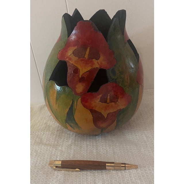 2010s “Gorgeous “ Artist-Made Hand-Carved & Hand-Painted Calla Lilies Gourd Vessel For Sale - Image 11 of 11