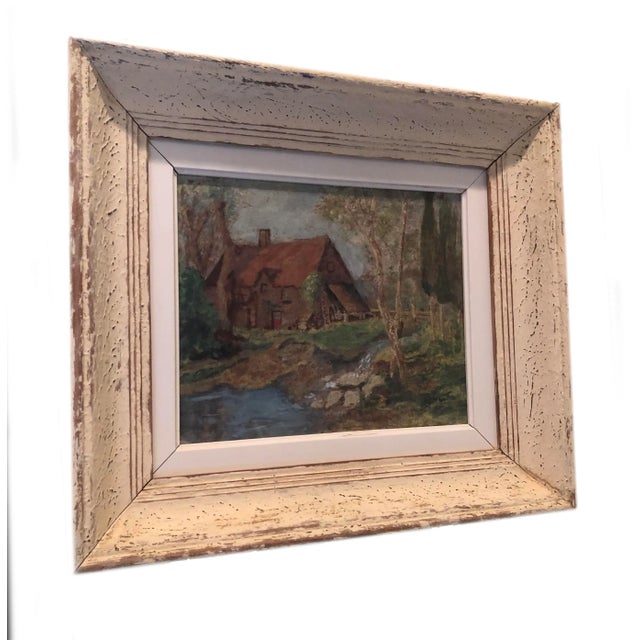 Paint Vintage French Oil Painting Landscape Thatched Roof Cottage For Sale - Image 7 of 7