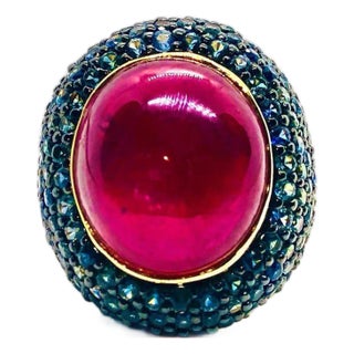 Bochic “Orient” Vintage Ruby & Blue Sapphire Ring Set In 18 K Gold & Silver For Sale