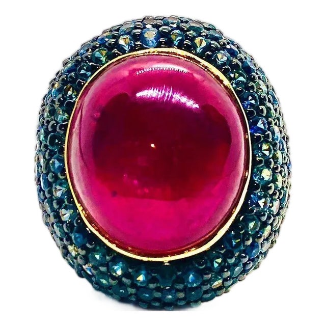 Bochic “Orient” Vintage Ruby & Blue Sapphire Ring Set In 18 K Gold & Silver For Sale