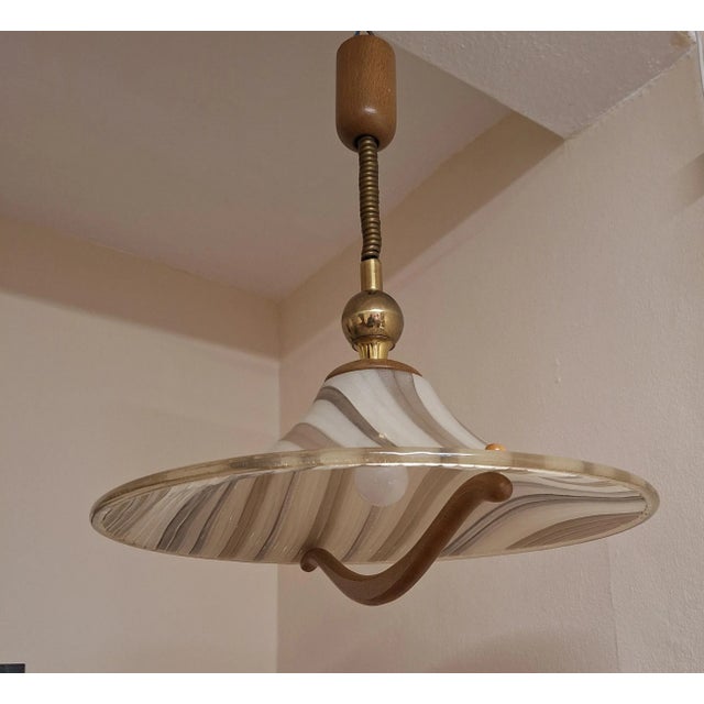 Vintage 19th Century German Ceiling Lamp with a Patterned Plastic Shade with a Brass and Oak Mount from Asmuth-Leuchten, 1990s For Sale - Image 6 of 8