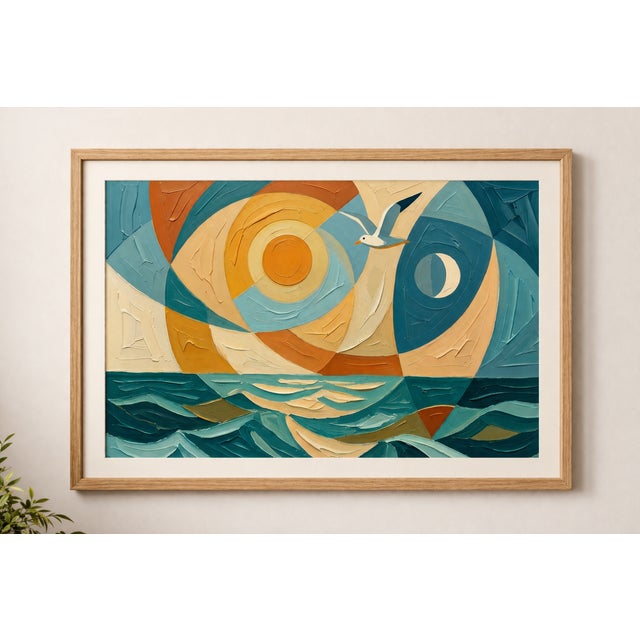 Abstract coastal artwork featuring a stylized ocean sunrise with layered geometric forms, sculptural texture, and soft...