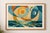 Abstract coastal artwork featuring a stylized ocean sunrise with layered geometric forms, sculptural texture, and soft...