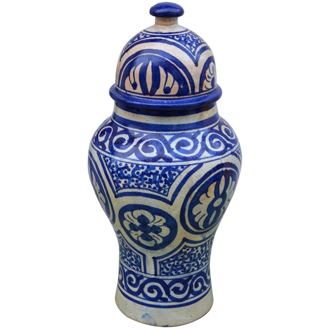 Blue Moroccan Ceramic Lidded Urn For Sale - Image 4 of 9
