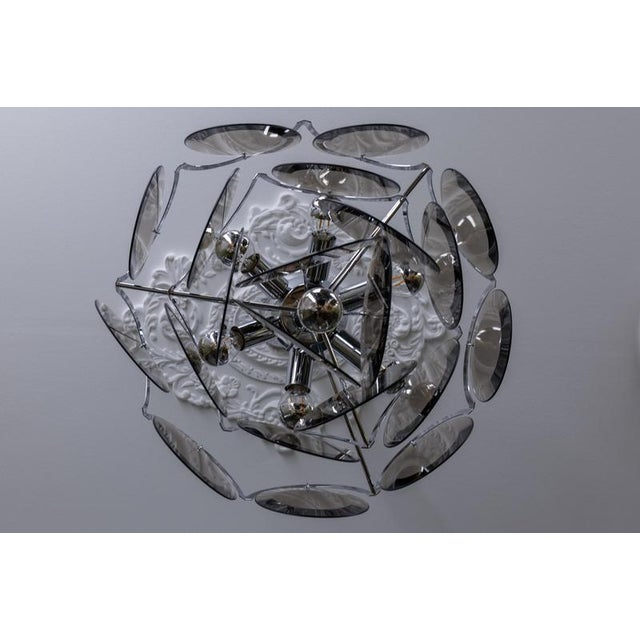 Smoked Glass and Chromed Metal Seven-Light Pendant Chandelier, 1970s For Sale - Image 12 of 18