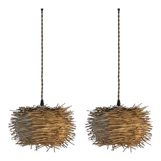 Pair of Small Cylindrical French Rattan Pendant Lights For Sale