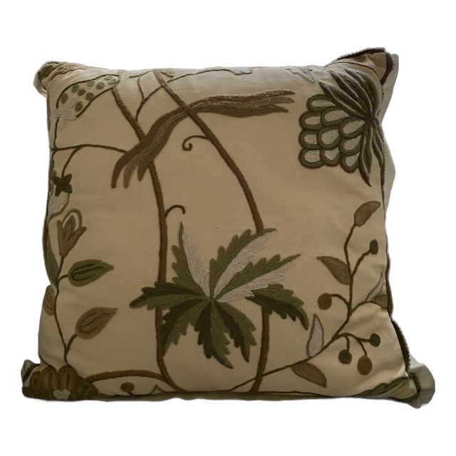Beige Crewel Pillow With Flat Ivory Flange For Sale