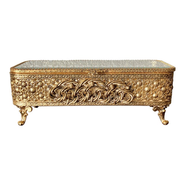Mid 20th-Century Louis XV-Style Beveled Glass 24k Gold-Plated Filigree Nicely-Sized Casket-Style Keepsake / Trinket Box For Sale