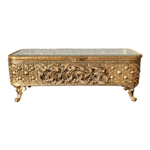Mid 20th-Century Louis XV-Style Beveled Glass 24k Gold-Plated Filigree Nicely-Sized Casket-Style Keepsake / Trinket Box