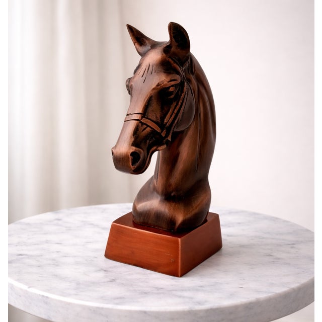 Antique Copper Finish Metal Horse Bust Sculptures For Sale - Image 4 of 10