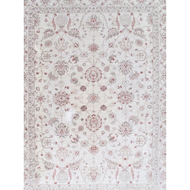 Late 20st Century Modern Peshawar Carpet, Ivory Field, Ivory Border, Gray, Coral For Sale - Image 10 of 11