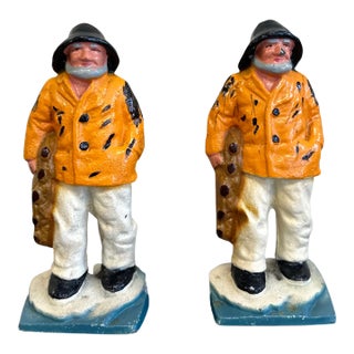 Vintage Cast Iron Fishermen in Yellow Slickers Bookends - a Pair For Sale