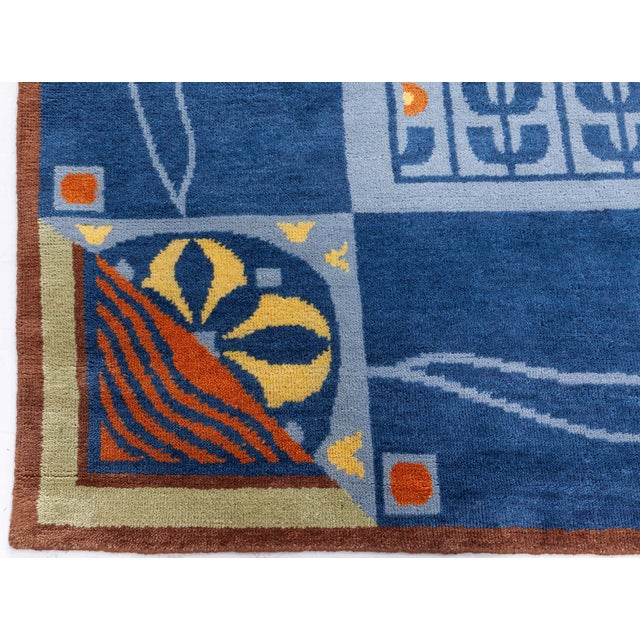 Early 21st Century Modern Art Nouveau Geometric Blue With Slate Rug "Rivage" by Doris Leslie Blau For Sale - Image 5 of 8
