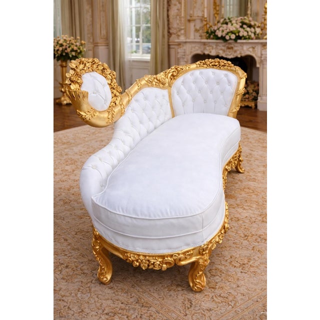 White 1970s Artisan Louis XVI Gold Beech White Leather Chaise-1 Pc For Sale - Image 8 of 9