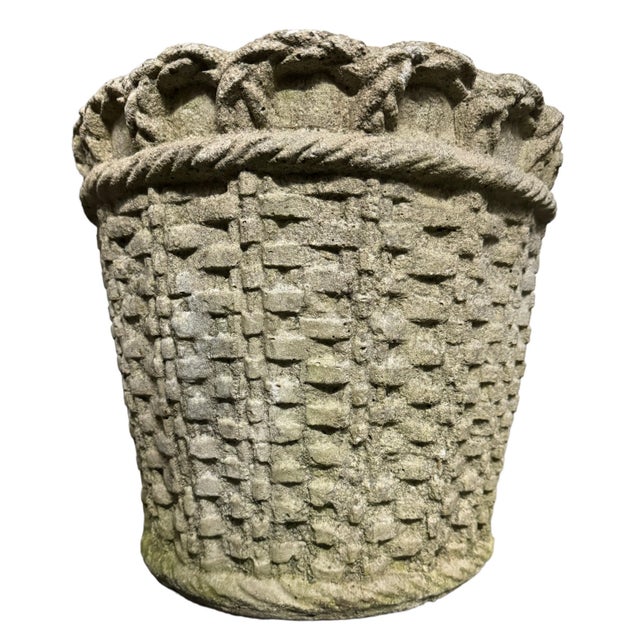 English French Mid Century Cast Stone Woven Basket Planters - Set of 2 For Sale - Image 3 of 7
