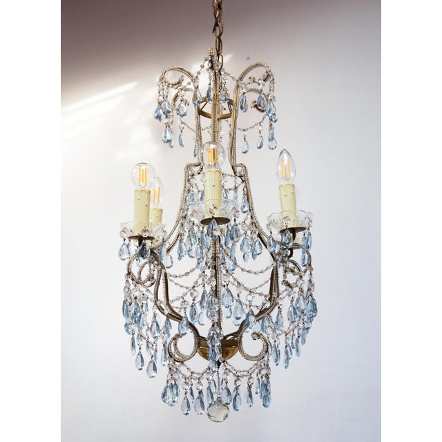 Italian Waterfall Chandelier in Gold-Plated Metal with Blue Crystals, 1960s For Sale - Image 6 of 14