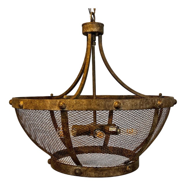 Aged Vintage Iron Mesh Bowl Chandelier For Sale