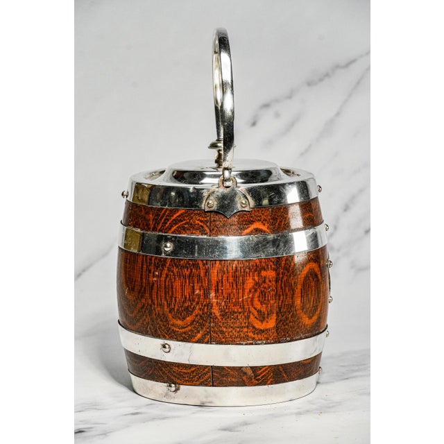 English Charming Antique English Silverplate Dark Oak Biscuit Jar With Porcelain Lining Shield Home Decor For Sale - Image 3 of 12