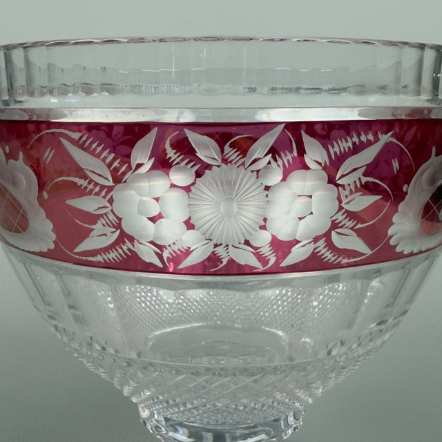 Glass Vintage Bohemian Ruby Red Floral Cut Crystal Centerpiece Vase, 1960s For Sale - Image 7 of 11