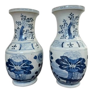 Pair of Blue & White Chinoiserie Cherry Blossom Vases With Peony & Greek Key Motifs For Sale