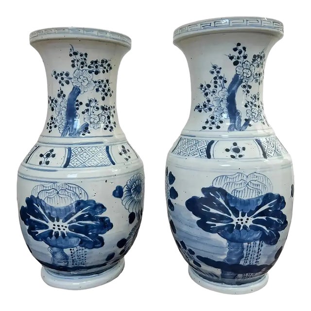 Pair of Blue & White Chinoiserie Cherry Blossom Vases With Peony & Greek Key Motifs For Sale