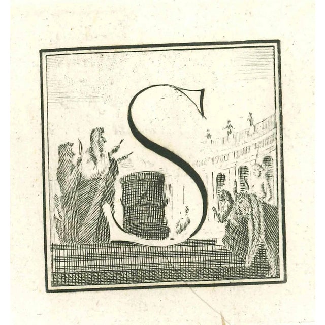 Capital letter s from the antiquities of herculaneum exposed, original etching from the end of the 18th century, made by...