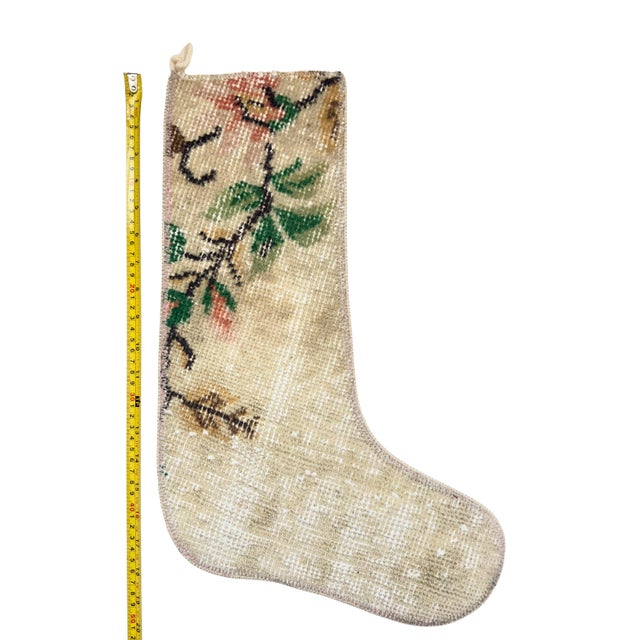 Boho Chic Botanical Branch Vintage Kilim Christmas Stocking, Cream Wool With Floral Motif, 12.2 X 17.7 in – One of a Kind Decor For Sale - Image 3 of 6