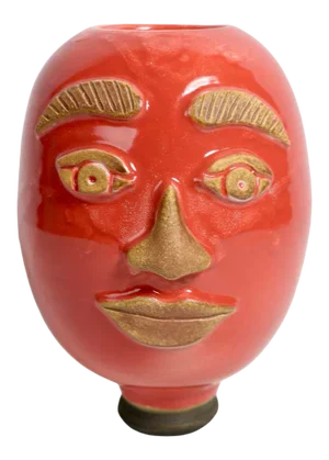 Post Modern Orange and Gold Pottery Vase of Mans Head