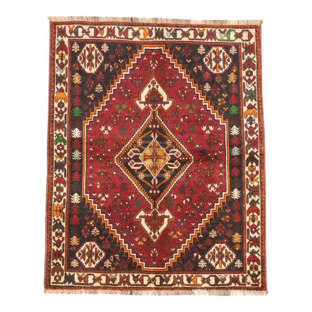 Vintage Hand-Knotted Persian Qashqai Rug 4'6" X 5'6" For Sale