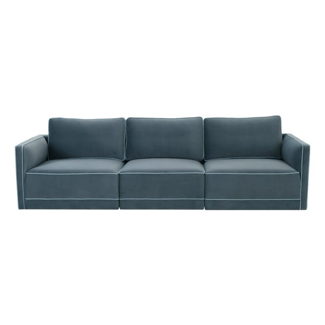 Willow Misty Blue with Pale Blue Piping Modular Performance Velvet Sofa For Sale - Image 9 of 9