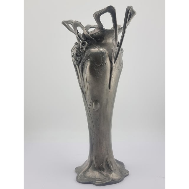 Antique Pewter Art Nouveau Vase Tin Woman Flowers For Sale - Image 3 of 16
