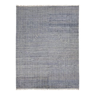 Hand-Knotted Slate Blue Moroccan Wool Rug Modern Geometric Maze Design 12x16 For Sale
