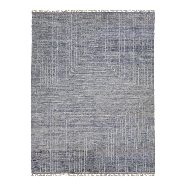Hand-Knotted Slate Blue Moroccan Wool Rug Modern Geometric Maze Design 12x16 For Sale