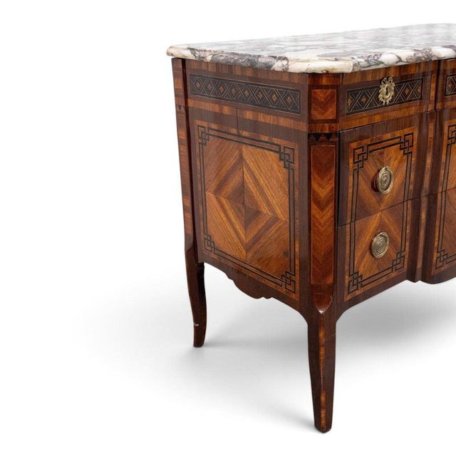 18th Century French Transition Marquetry Chest of Drawers with Marble Top, 1770 For Sale - Image 3 of 8