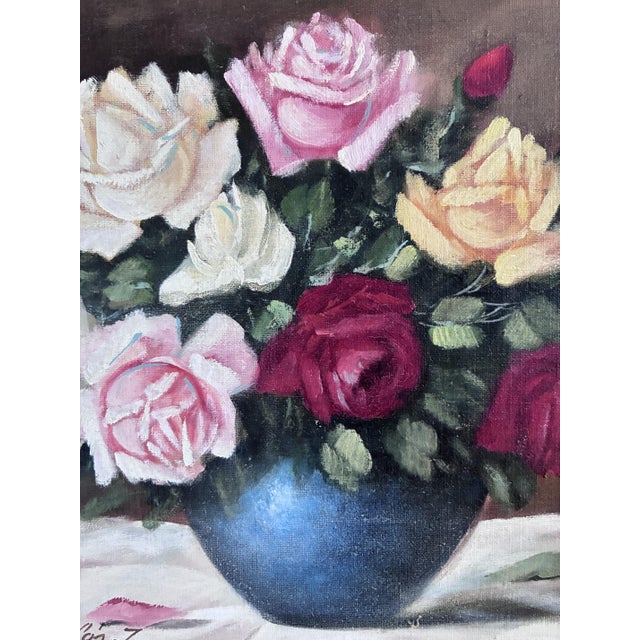 Rustic Still Life with Roses, Oil Painting, Framed For Sale - Image 3 of 12