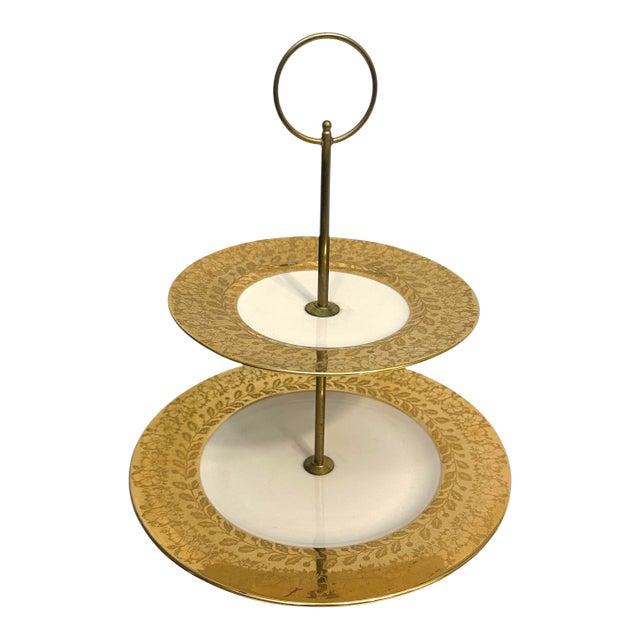 Vintage Two-Tiered Serving Tray With 22k Gold Detailing For Sale