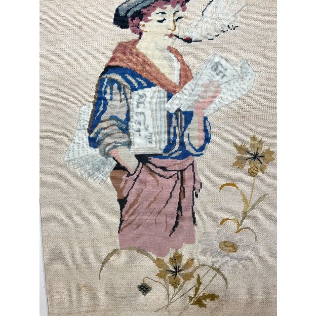 Antique 1800's Victorian Hand Embroidered Boy Smoking Needlepoint Portrait Art For Sale - Image 4 of 10