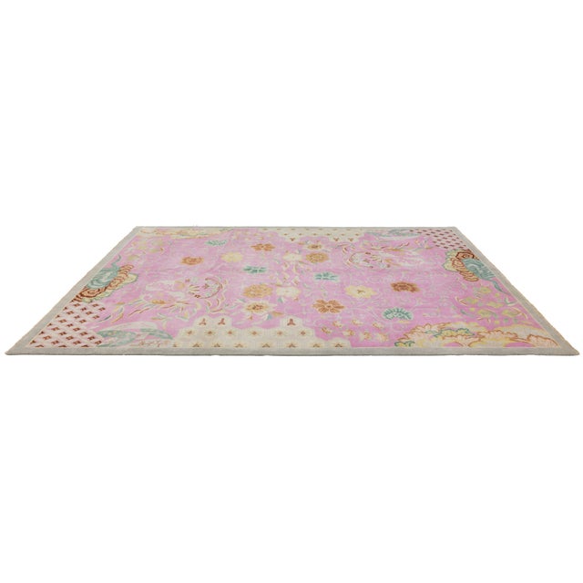 Modern Art Deco Style Handmade Wool Rug in Pink With Floral Design For Sale In New York - Image 6 of 11