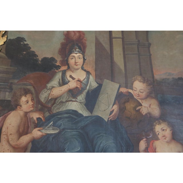 Large 18th-century giltwood trumeau mirror surmounted by a beautiful painted canvas depicting the allegory of the arts....