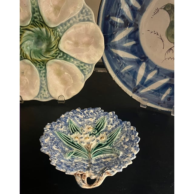 Blue Antique Victorian Mojolica Mottled Dish, C. 1880's For Sale - Image 8 of 11