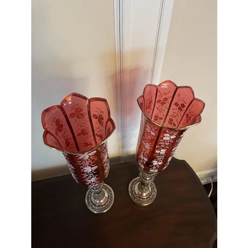 Early 20th Century Pair of Antique Silver Plate Candle Holders With Red Glass Mary Gregory Hurricanes For Sale - Image 5 of 12